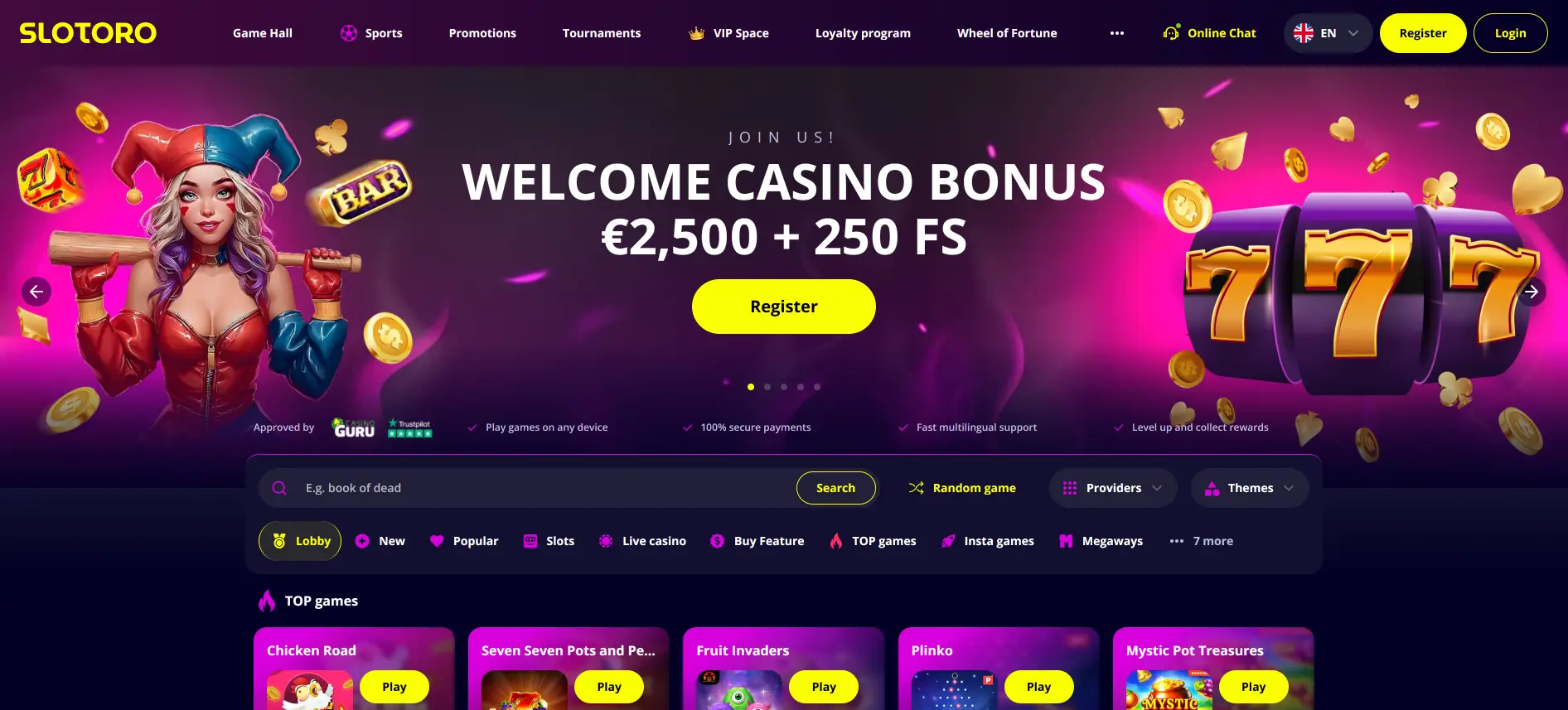 Slotoro Casino – Startseite mit Willkommensbonus von 2.500 € und 250 Freispielen